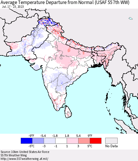 Southern Asia Average Temperature Departure from Normal (USAF 557th WW) Thematic Map For 7/17/2023 - 7/23/2023