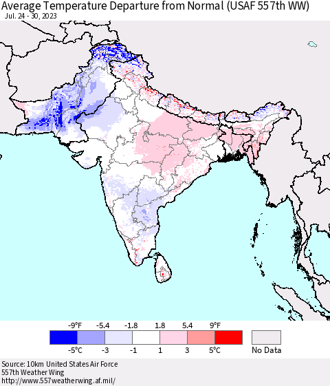 Southern Asia Average Temperature Departure from Normal (USAF 557th WW) Thematic Map For 7/24/2023 - 7/30/2023