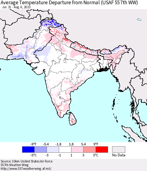 Southern Asia Average Temperature Departure from Normal (USAF 557th WW) Thematic Map For 7/31/2023 - 8/6/2023