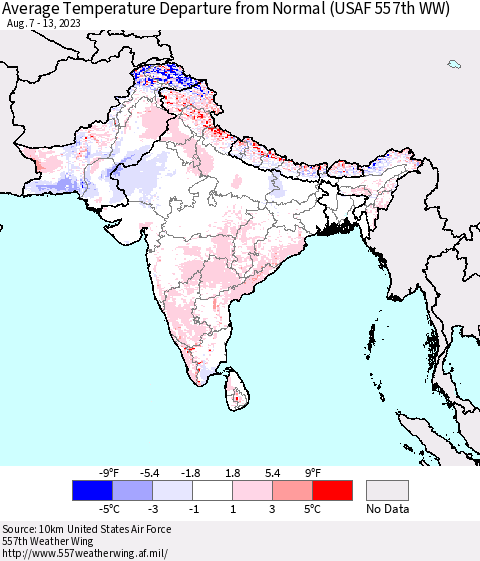 Southern Asia Average Temperature Departure from Normal (USAF 557th WW) Thematic Map For 8/7/2023 - 8/13/2023