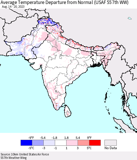 Southern Asia Average Temperature Departure from Normal (USAF 557th WW) Thematic Map For 8/14/2023 - 8/20/2023