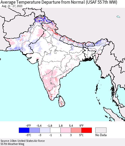 Southern Asia Average Temperature Departure from Normal (USAF 557th WW) Thematic Map For 8/21/2023 - 8/27/2023