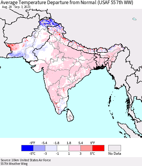Southern Asia Average Temperature Departure from Normal (USAF 557th WW) Thematic Map For 8/28/2023 - 9/3/2023