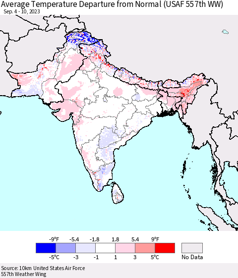 Southern Asia Average Temperature Departure from Normal (USAF 557th WW) Thematic Map For 9/4/2023 - 9/10/2023