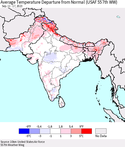 Southern Asia Average Temperature Departure from Normal (USAF 557th WW) Thematic Map For 9/11/2023 - 9/17/2023