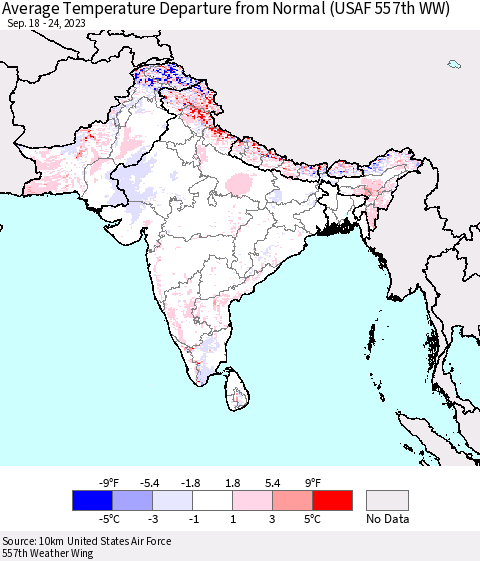 Southern Asia Average Temperature Departure from Normal (USAF 557th WW) Thematic Map For 9/18/2023 - 9/24/2023