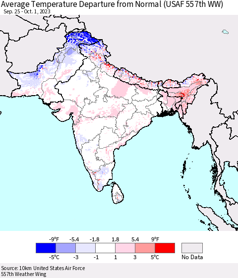 Southern Asia Average Temperature Departure from Normal (USAF 557th WW) Thematic Map For 9/25/2023 - 10/1/2023