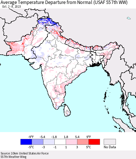 Southern Asia Average Temperature Departure from Normal (USAF 557th WW) Thematic Map For 10/2/2023 - 10/8/2023