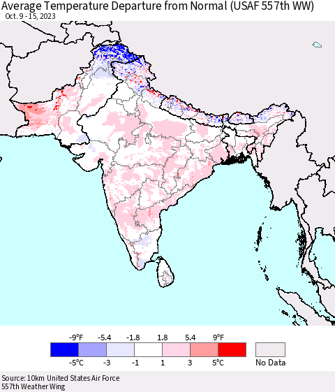Southern Asia Average Temperature Departure from Normal (USAF 557th WW) Thematic Map For 10/9/2023 - 10/15/2023