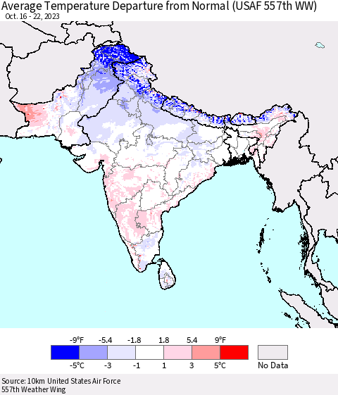 Southern Asia Average Temperature Departure from Normal (USAF 557th WW) Thematic Map For 10/16/2023 - 10/22/2023