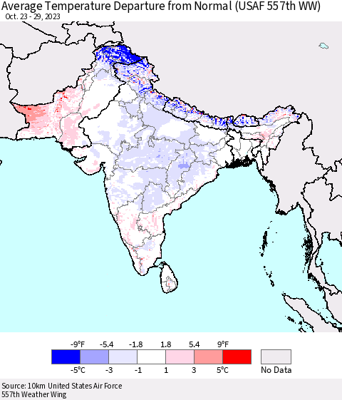 Southern Asia Average Temperature Departure from Normal (USAF 557th WW) Thematic Map For 10/23/2023 - 10/29/2023