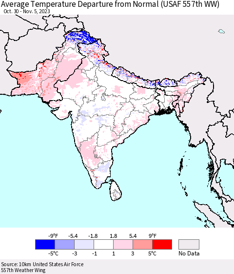 Southern Asia Average Temperature Departure from Normal (USAF 557th WW) Thematic Map For 10/30/2023 - 11/5/2023