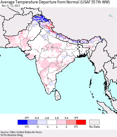 Southern Asia Average Temperature Departure from Normal (USAF 557th WW) Thematic Map For 11/6/2023 - 11/12/2023