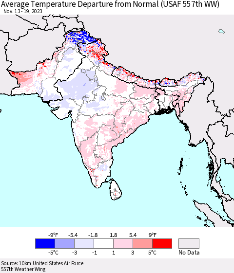Southern Asia Average Temperature Departure from Normal (USAF 557th WW) Thematic Map For 11/13/2023 - 11/19/2023