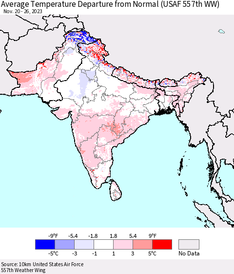 Southern Asia Average Temperature Departure from Normal (USAF 557th WW) Thematic Map For 11/20/2023 - 11/26/2023