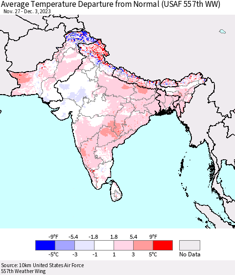 Southern Asia Average Temperature Departure from Normal (USAF 557th WW) Thematic Map For 11/27/2023 - 12/3/2023