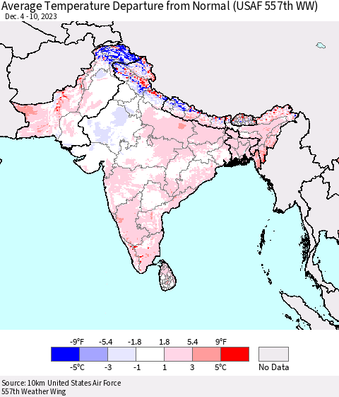 Southern Asia Average Temperature Departure from Normal (USAF 557th WW) Thematic Map For 12/4/2023 - 12/10/2023