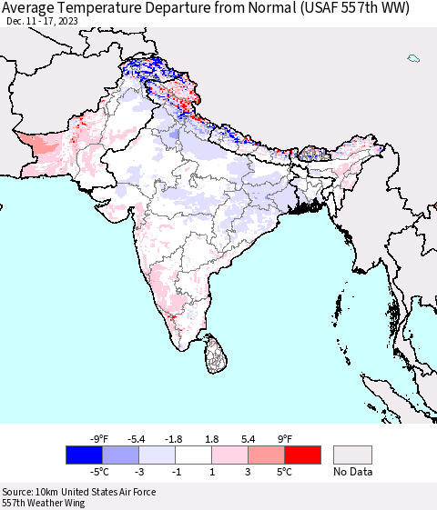 Southern Asia Average Temperature Departure from Normal (USAF 557th WW) Thematic Map For 12/11/2023 - 12/17/2023