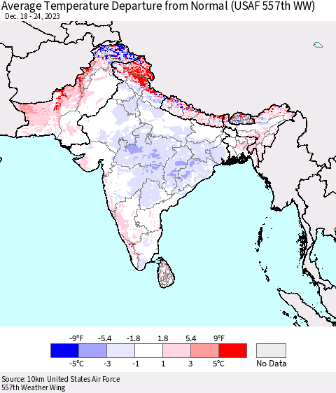 Southern Asia Average Temperature Departure from Normal (USAF 557th WW) Thematic Map For 12/18/2023 - 12/24/2023