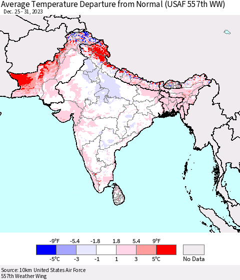 Southern Asia Average Temperature Departure from Normal (USAF 557th WW) Thematic Map For 12/25/2023 - 12/31/2023