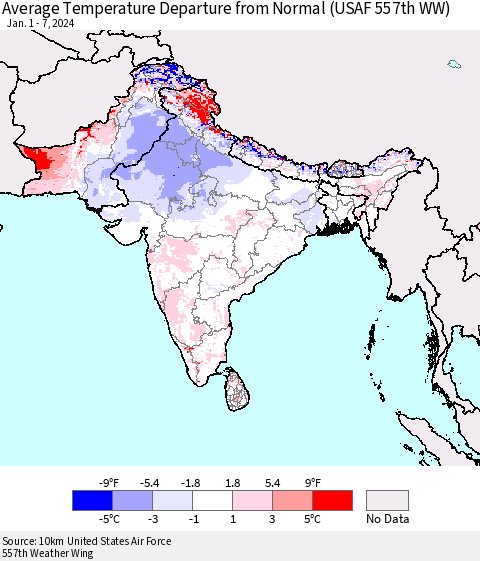 Southern Asia Average Temperature Departure from Normal (USAF 557th WW) Thematic Map For 1/1/2024 - 1/7/2024