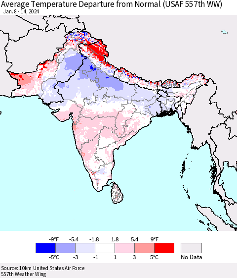 Southern Asia Average Temperature Departure from Normal (USAF 557th WW) Thematic Map For 1/8/2024 - 1/14/2024