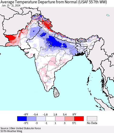Southern Asia Average Temperature Departure from Normal (USAF 557th WW) Thematic Map For 1/15/2024 - 1/21/2024