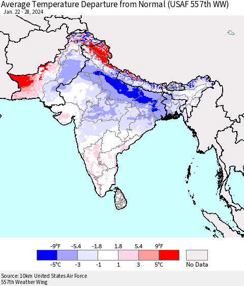 Southern Asia Average Temperature Departure from Normal (USAF 557th WW) Thematic Map For 1/22/2024 - 1/28/2024