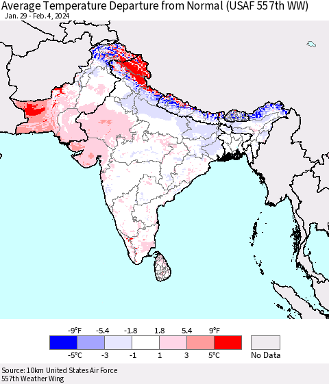 Southern Asia Average Temperature Departure from Normal (USAF 557th WW) Thematic Map For 1/29/2024 - 2/4/2024