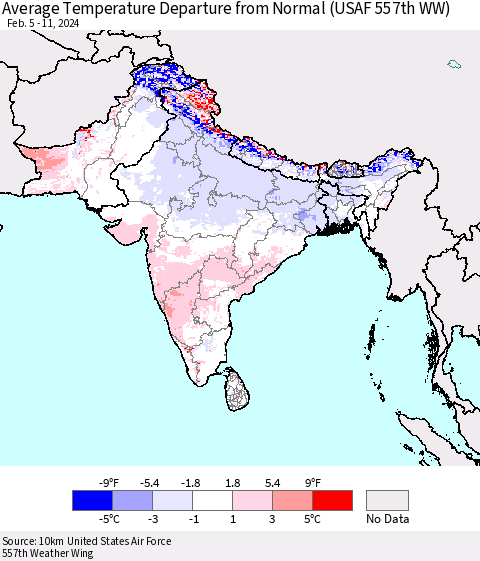 Southern Asia Average Temperature Departure from Normal (USAF 557th WW) Thematic Map For 2/5/2024 - 2/11/2024