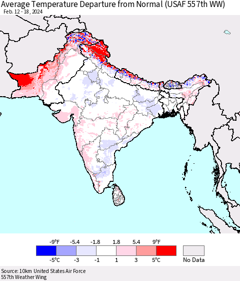 Southern Asia Average Temperature Departure from Normal (USAF 557th WW) Thematic Map For 2/12/2024 - 2/18/2024