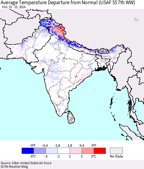 Southern Asia Average Temperature Departure from Normal (USAF 557th WW) Thematic Map For 2/19/2024 - 2/25/2024
