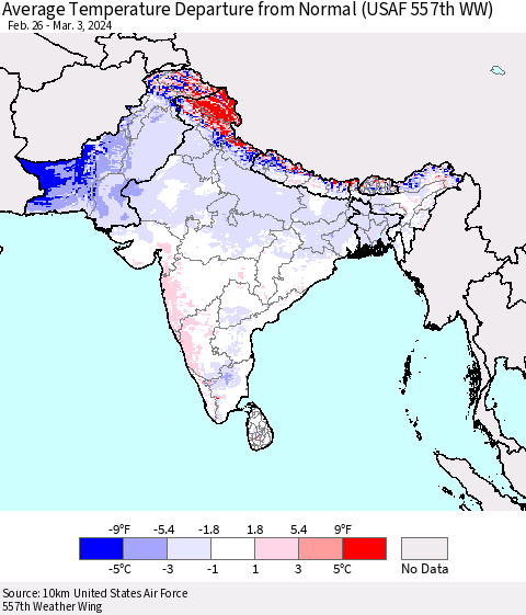 Southern Asia Average Temperature Departure from Normal (USAF 557th WW) Thematic Map For 2/26/2024 - 3/3/2024