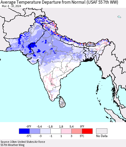 Southern Asia Average Temperature Departure from Normal (USAF 557th WW) Thematic Map For 3/4/2024 - 3/10/2024