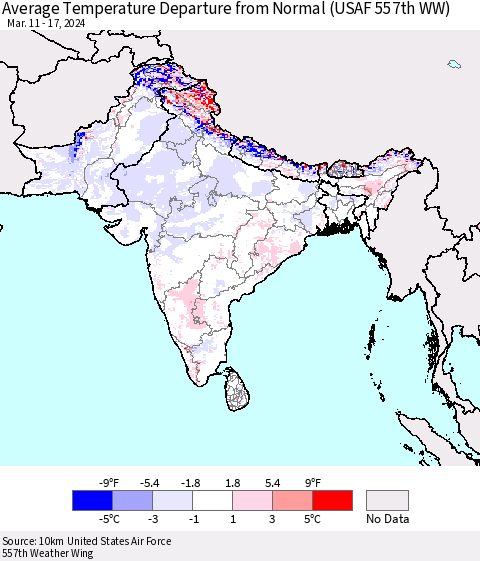 Southern Asia Average Temperature Departure from Normal (USAF 557th WW) Thematic Map For 3/11/2024 - 3/17/2024