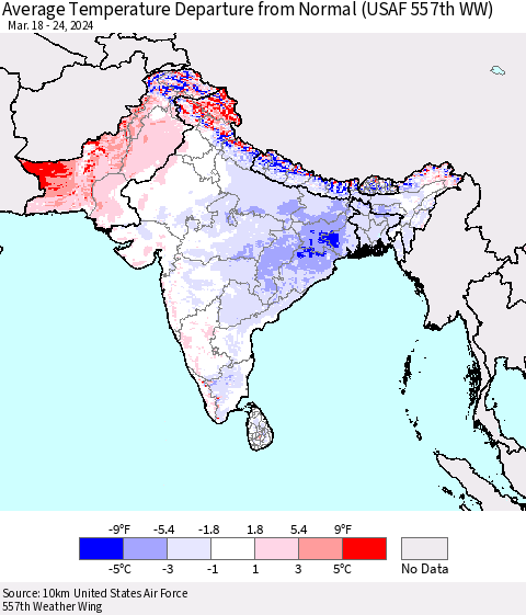Southern Asia Average Temperature Departure from Normal (USAF 557th WW) Thematic Map For 3/18/2024 - 3/24/2024