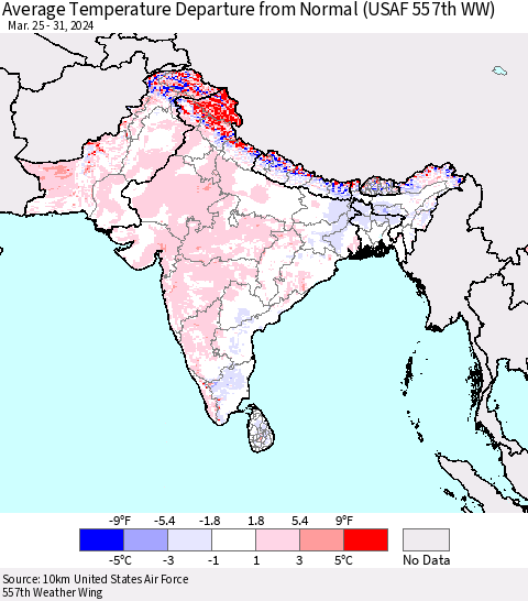 Southern Asia Average Temperature Departure from Normal (USAF 557th WW) Thematic Map For 3/25/2024 - 3/31/2024