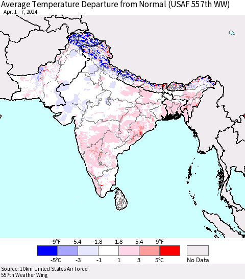 Southern Asia Average Temperature Departure from Normal (USAF 557th WW) Thematic Map For 4/1/2024 - 4/7/2024