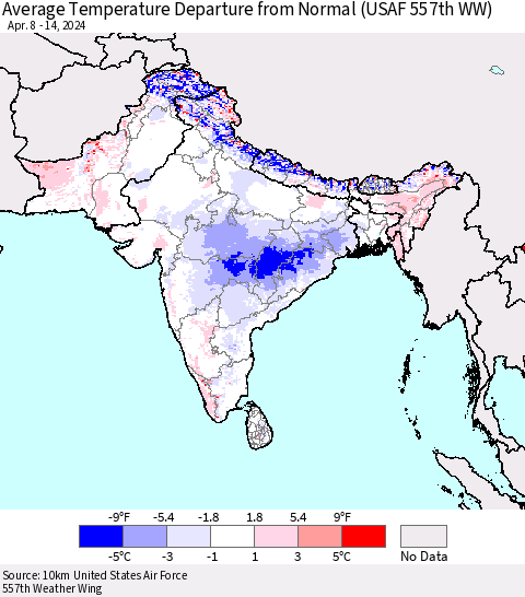 Southern Asia Average Temperature Departure from Normal (USAF 557th WW) Thematic Map For 4/8/2024 - 4/14/2024
