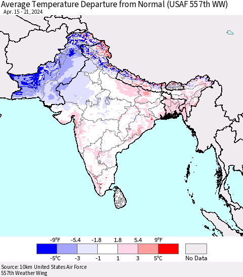 Southern Asia Average Temperature Departure from Normal (USAF 557th WW) Thematic Map For 4/15/2024 - 4/21/2024