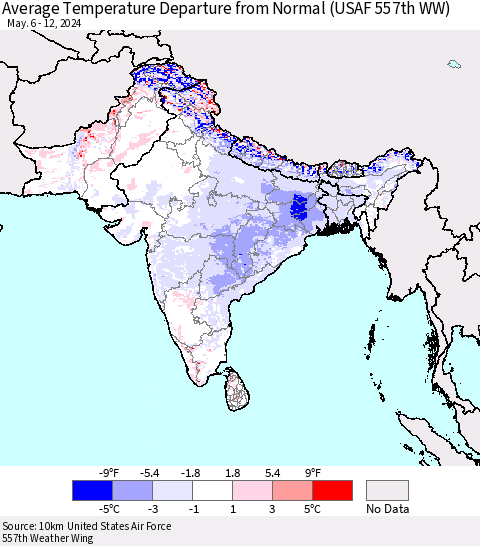 Southern Asia Average Temperature Departure from Normal (USAF 557th WW) Thematic Map For 5/6/2024 - 5/12/2024