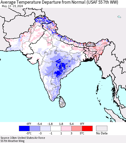 Southern Asia Average Temperature Departure from Normal (USAF 557th WW) Thematic Map For 5/13/2024 - 5/19/2024