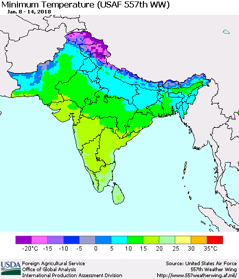 Southern Asia Mean Minimum Temperature (USAF 557th WW) Thematic Map For 1/8/2018 - 1/14/2018