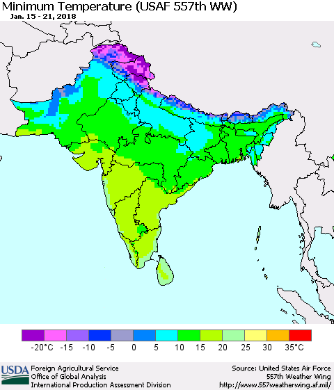 Southern Asia Mean Minimum Temperature (USAF 557th WW) Thematic Map For 1/15/2018 - 1/21/2018