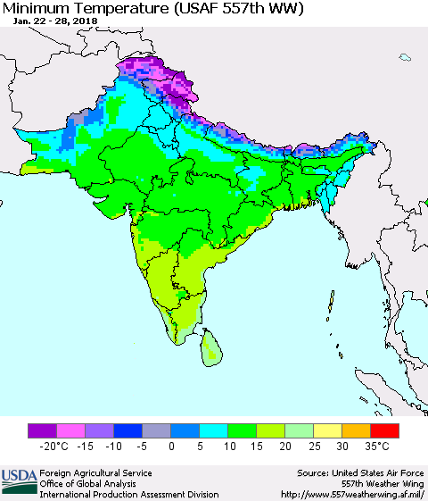 Southern Asia Mean Minimum Temperature (USAF 557th WW) Thematic Map For 1/22/2018 - 1/28/2018