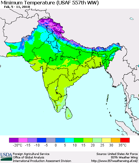 Southern Asia Mean Minimum Temperature (USAF 557th WW) Thematic Map For 2/5/2018 - 2/11/2018