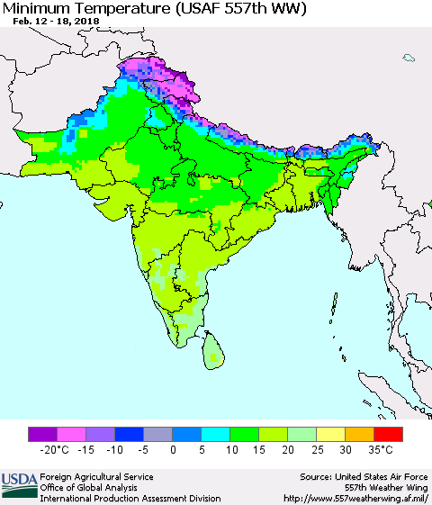 Southern Asia Mean Minimum Temperature (USAF 557th WW) Thematic Map For 2/12/2018 - 2/18/2018