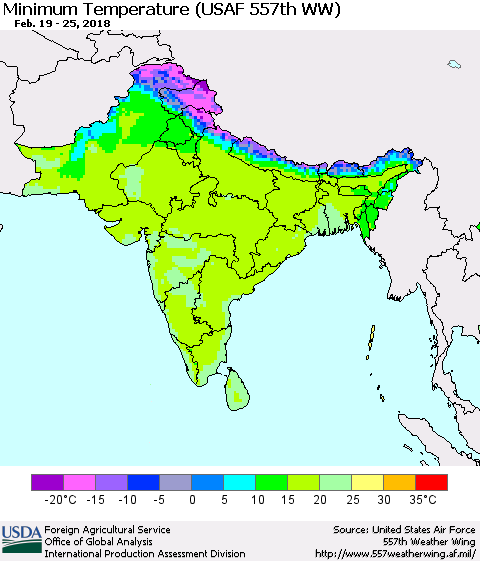 Southern Asia Mean Minimum Temperature (USAF 557th WW) Thematic Map For 2/19/2018 - 2/25/2018