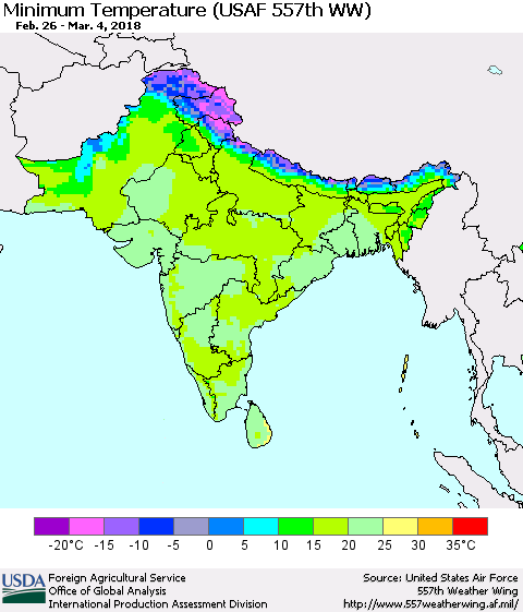 Southern Asia Mean Minimum Temperature (USAF 557th WW) Thematic Map For 2/26/2018 - 3/4/2018