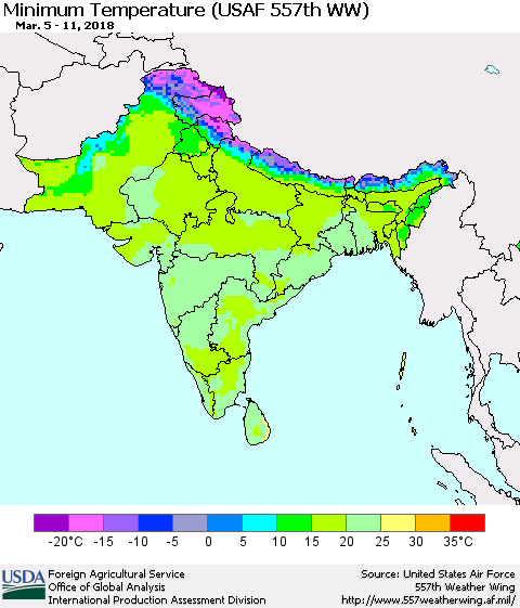 Southern Asia Mean Minimum Temperature (USAF 557th WW) Thematic Map For 3/5/2018 - 3/11/2018